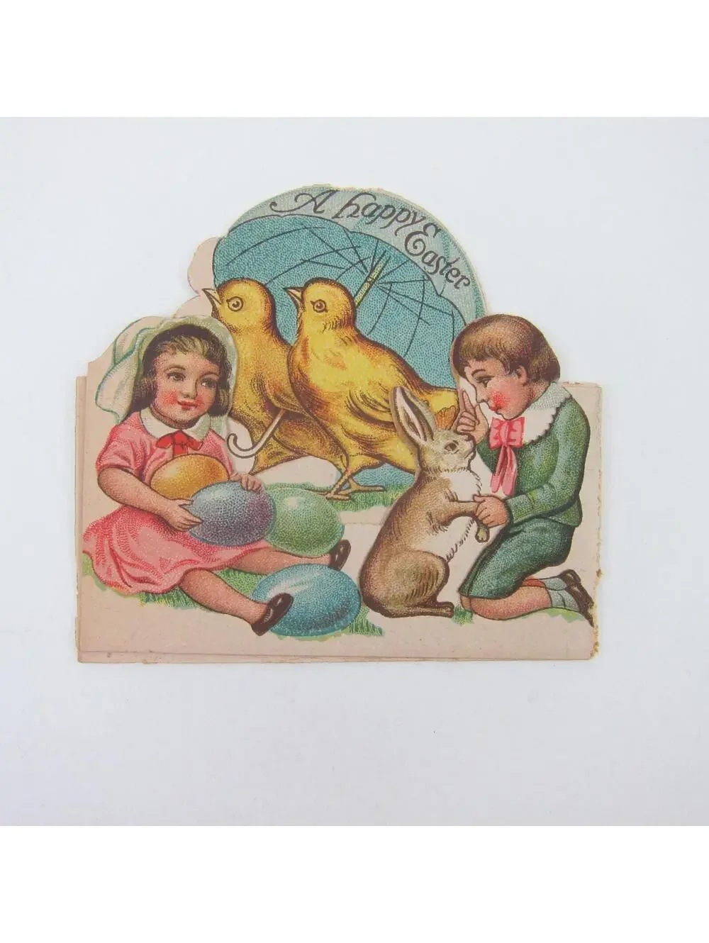 Antique Easter Greeting Card Girl Pink Dress Boy Blue Sailor Suit Chicks Eggs